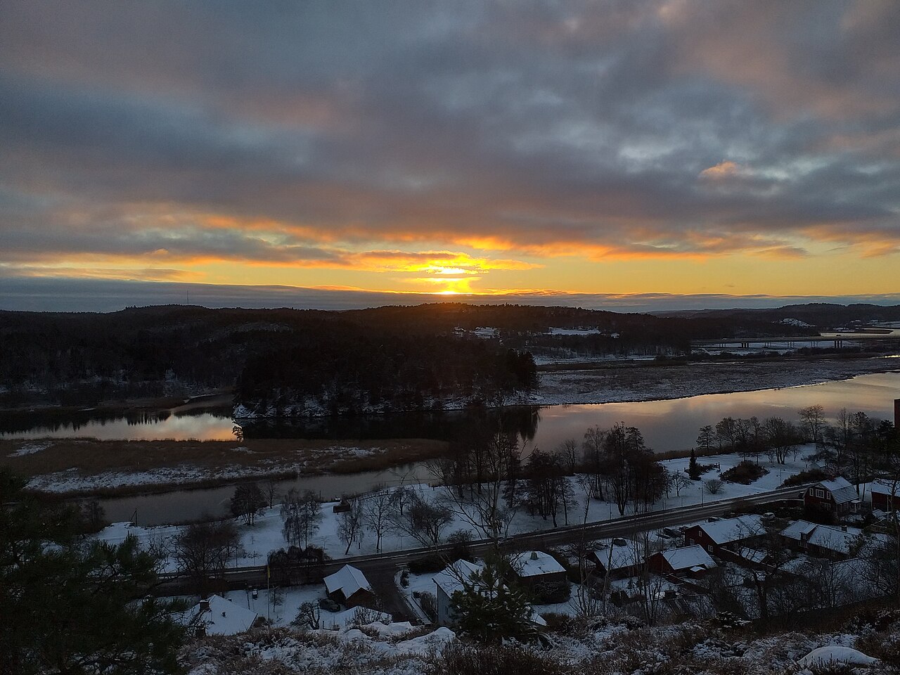 The old town of Kungalv, Sweden, seen from the forest