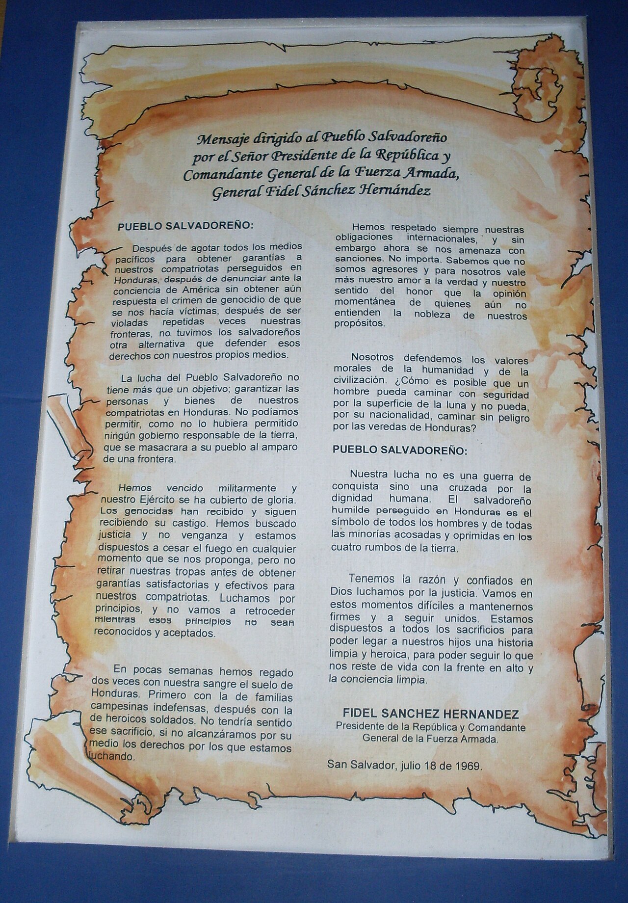 Printed message from Salvadoran President Fidel Sanchez Hernandez dated 18 July 1969