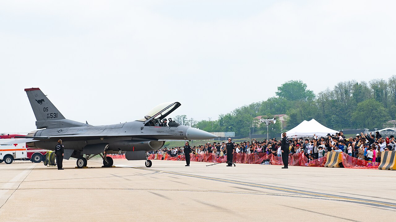 US Air Force F-16 of the PACAF Viper Demonstration Team over Osan Air Base, South Korea