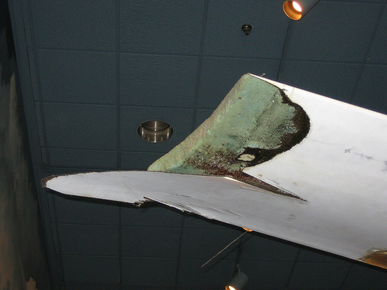 The damaged winglet from the Rutan Voyager on display at the National Air and Space Museum