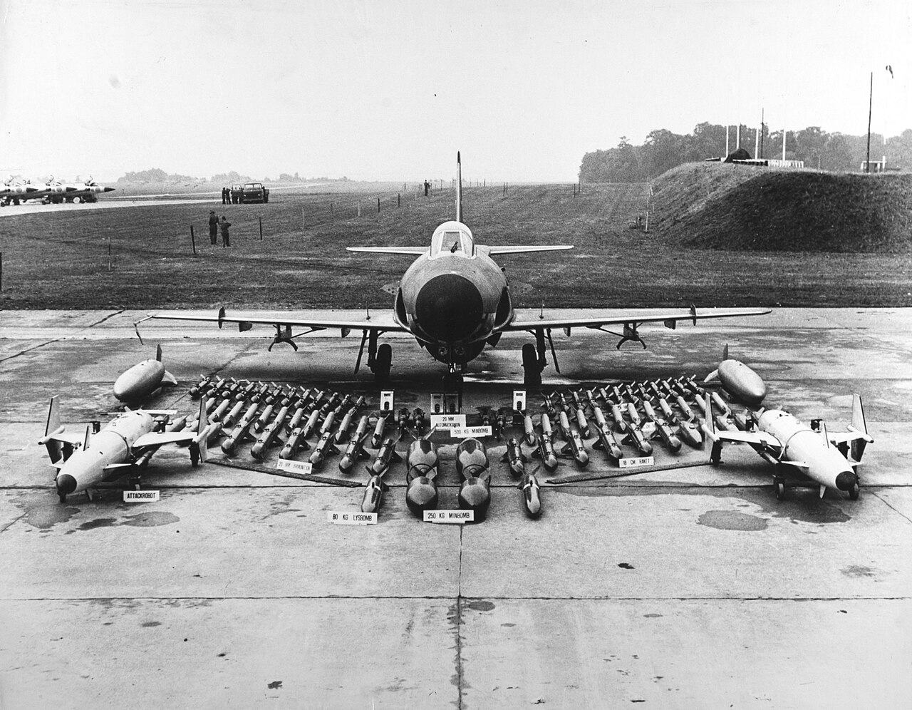 Saab A 32A Lansen displayed with its full range of weapons options in winter