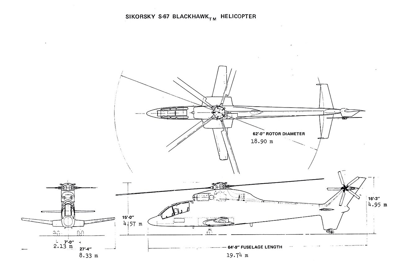 Three-view drawing of the Sikorsky S-67 Blackhawk