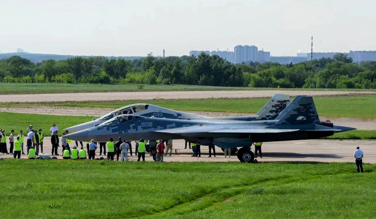 Sukhoi Su-57 Felon in digital splinter camouflage on the ramp