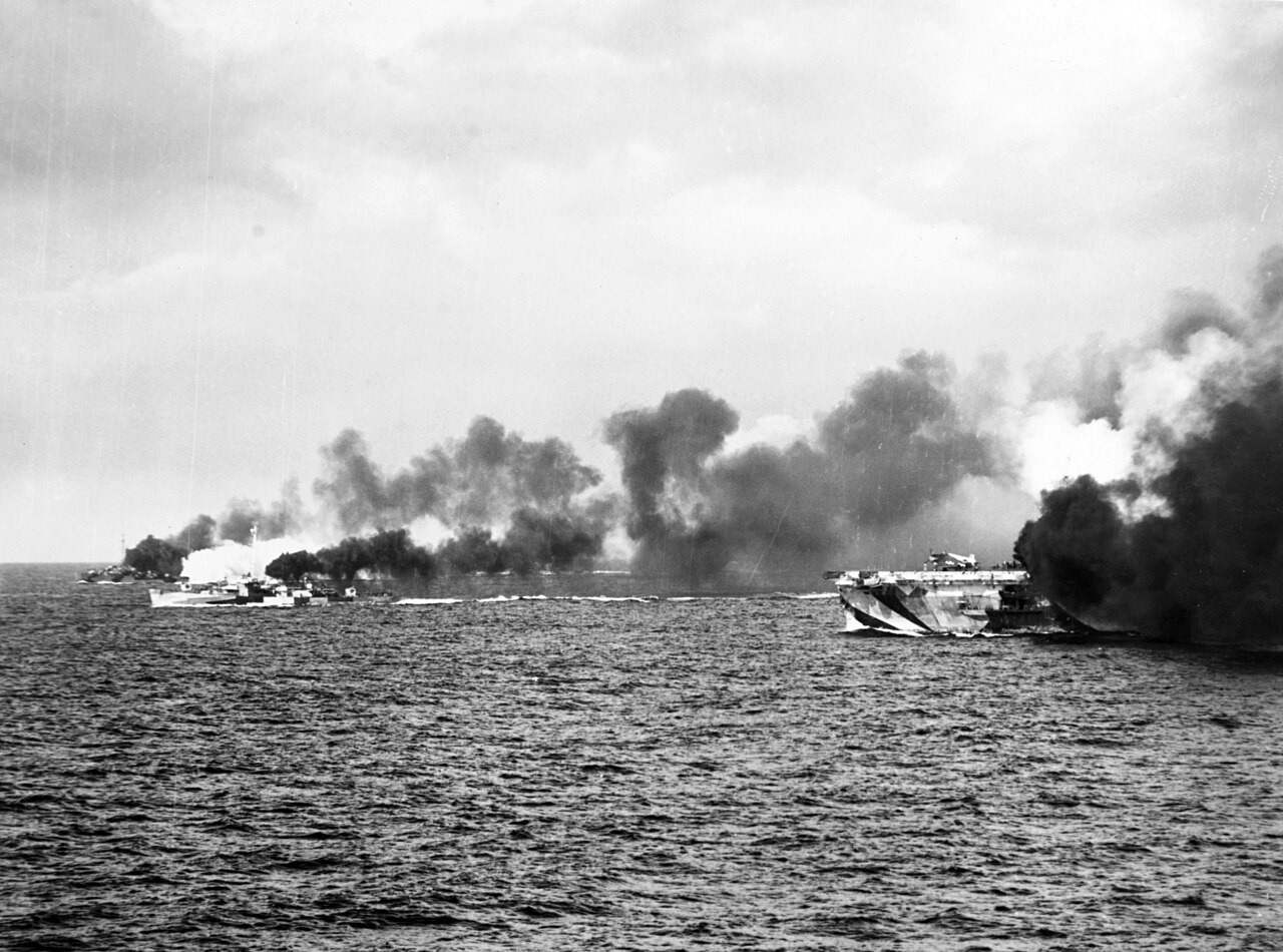 Taffy 3 escort carriers making smoke off Samar