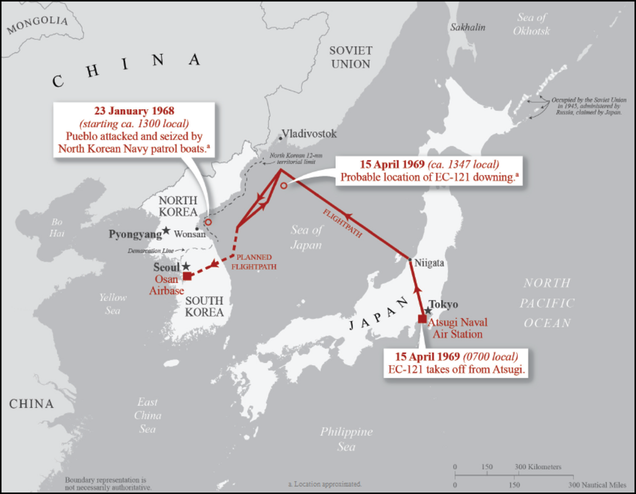 Mapa del Mar de Japón que marca las ubicaciones de los incidentes del Pueblo y el EC-121.