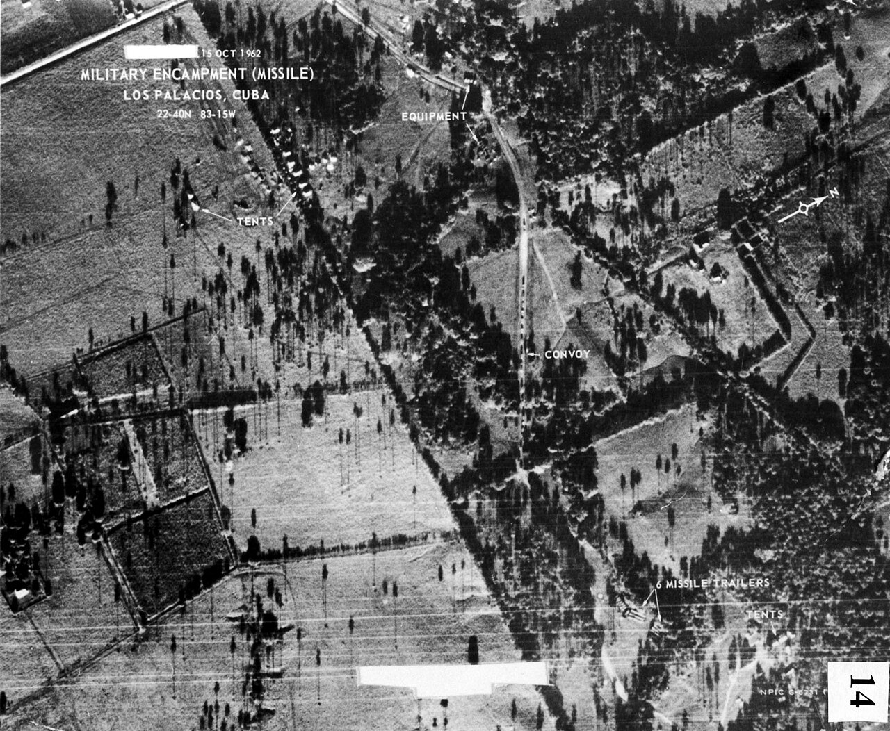 Fotografia di ricognizione scattata da un U-2 di una postazione missilistica sovietica a Cuba, 1962.