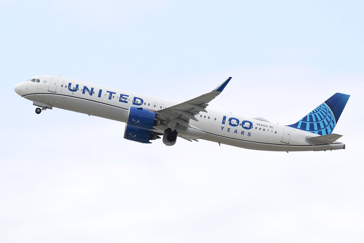 A United Airlines Airbus A321neo; the airline&rsquo;s new A321XLR is the long-range version