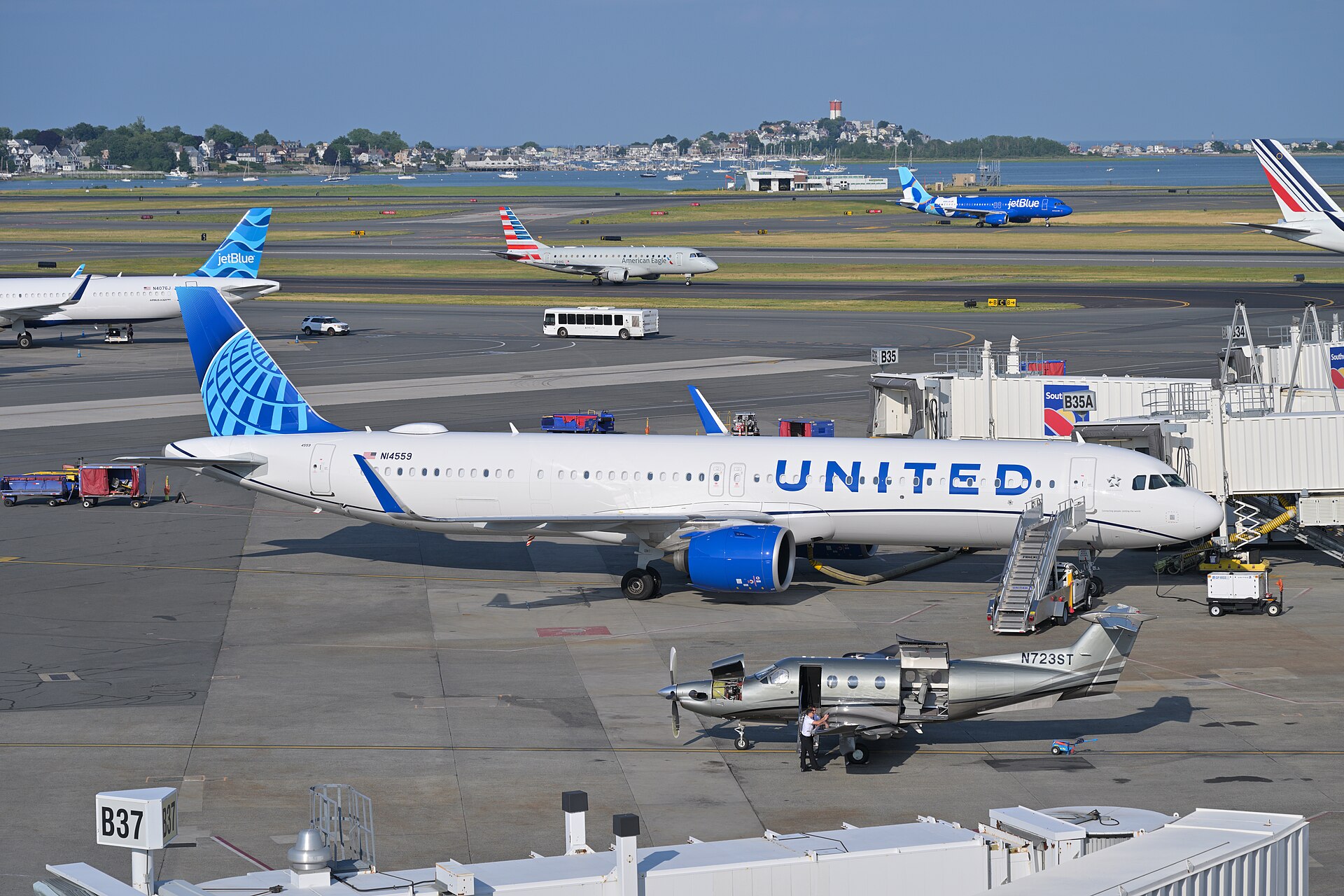 United Airlines Airbus A321neo at a gate at Boston Logan