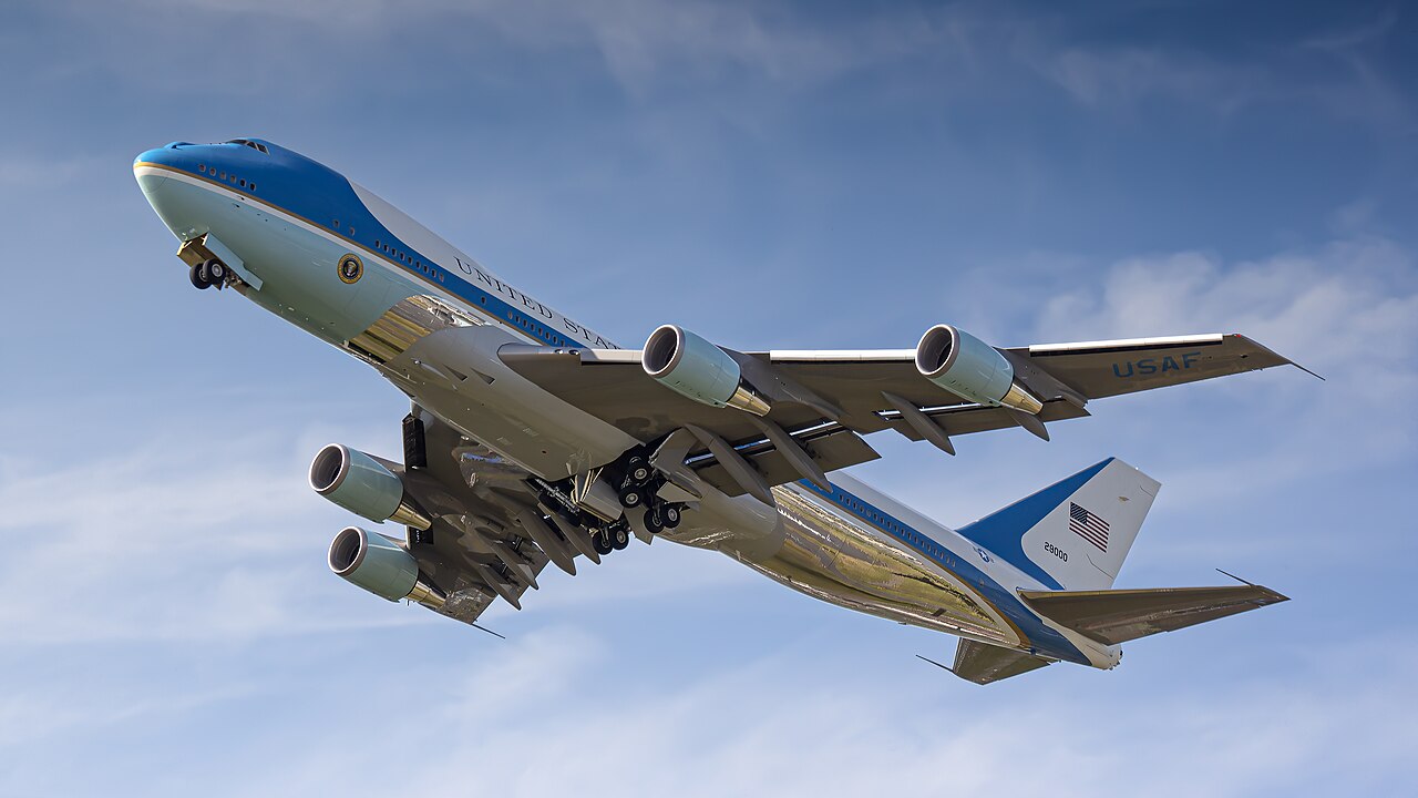Boeing VC-25A Air Force One departing after a NATO summit