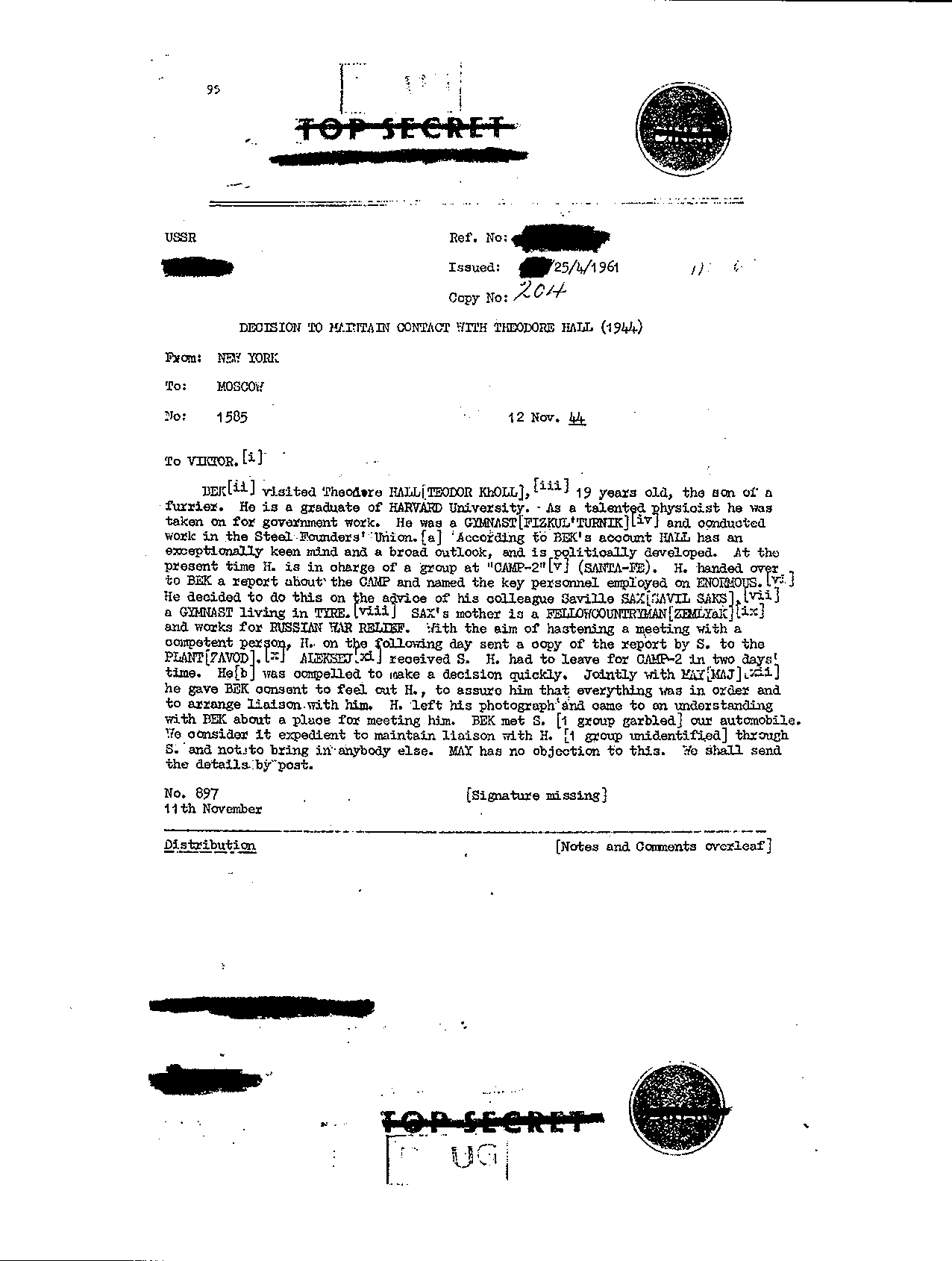 Un descifrado desclasificado de Venona que habla sobre Theodore Hall.