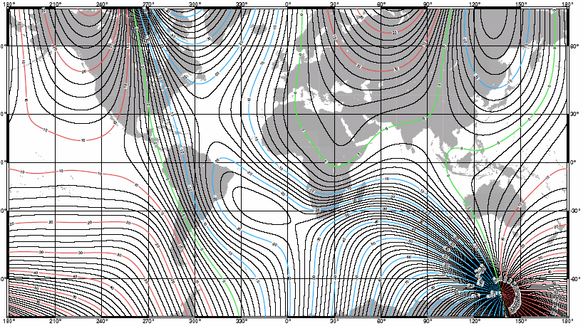 World magnetic declination chart showing the difference between true and magnetic north