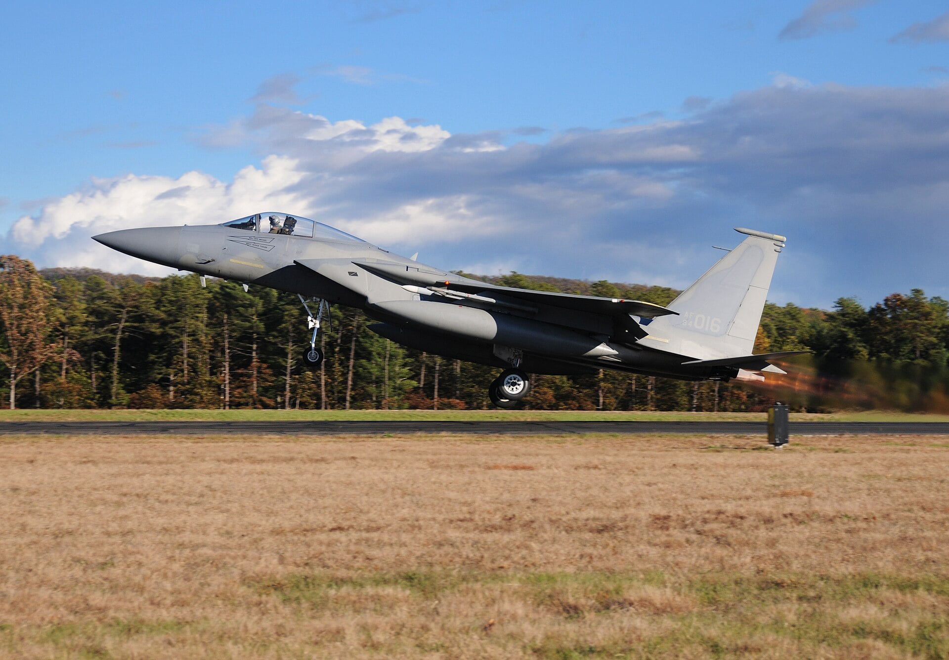 An F-15 Eagle of the 104th Fighter Wing, Massachusetts Air National Guard, taking off from Barnes Air National Guard Base