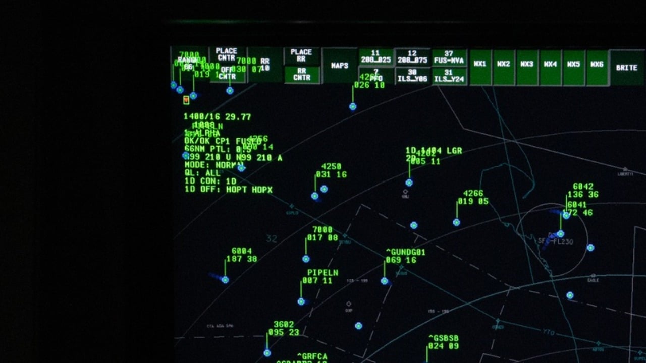 An air traffic control radar display showing transponder targets and data blocks