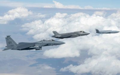 FQ-42 Vengeance Flies Formation With an F-35A and an F-15E