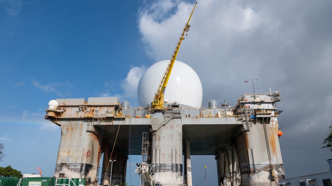 The Sea-Based X-Band Radar SBX-1 at Pearl Harbor, its white radome towering over the semi-submersible platform