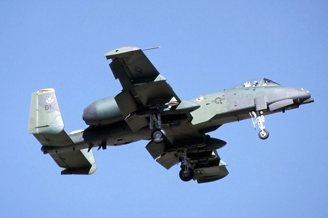 An A-10 wearing the Davis-Monthan DM tail code on approach with gear down