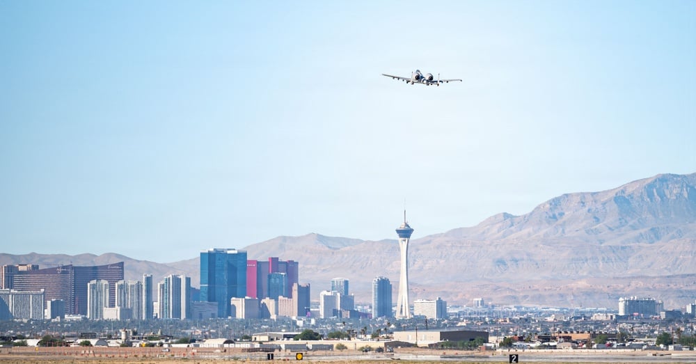 A US Air Force A-10 Thunderbolt II climbing away from Nellis Air Force Base with the Las Vegas Strip below