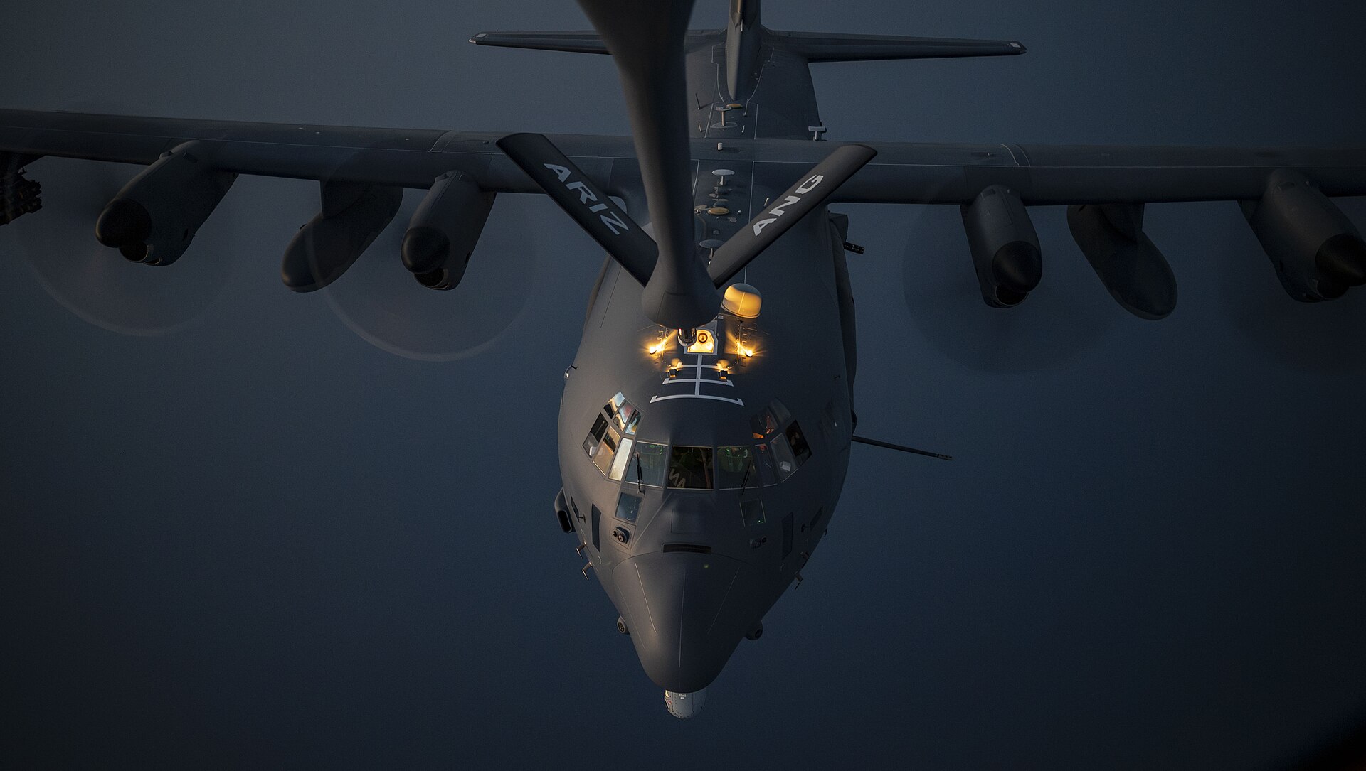 An AC-130J Ghostrider on the boom of a KC-135 Stratotanker over the US Central Command area of responsibility