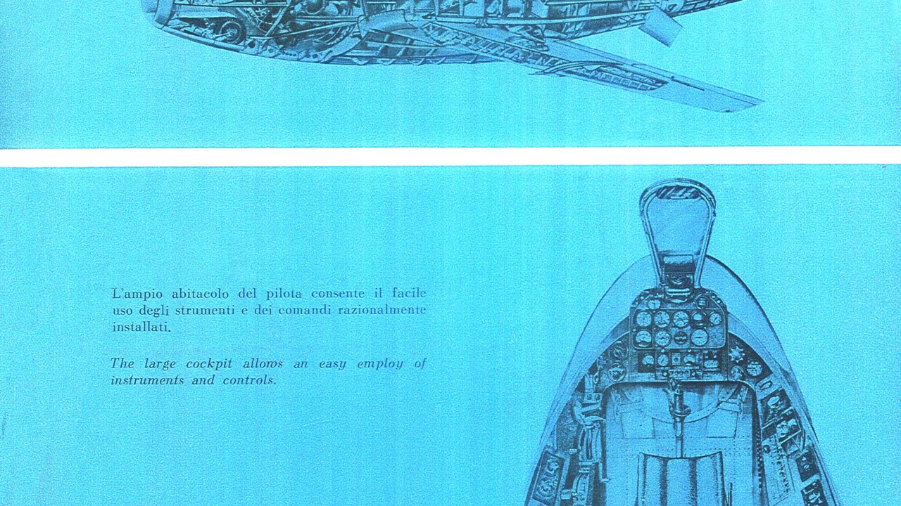 A page from the 1958 Aerfer sales brochure for the Sagittario 2 showing the cockpit and armament