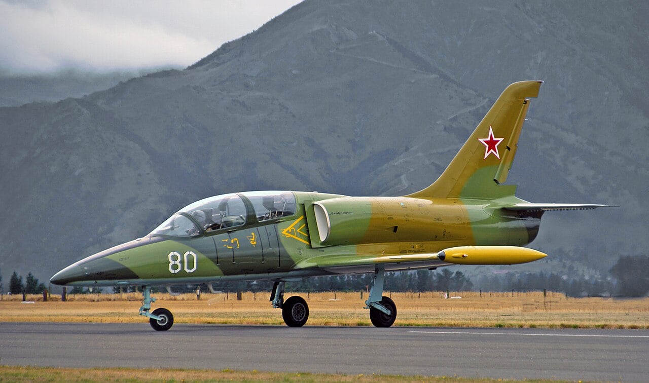An Aero L-39 Albatros jet trainer on the ramp