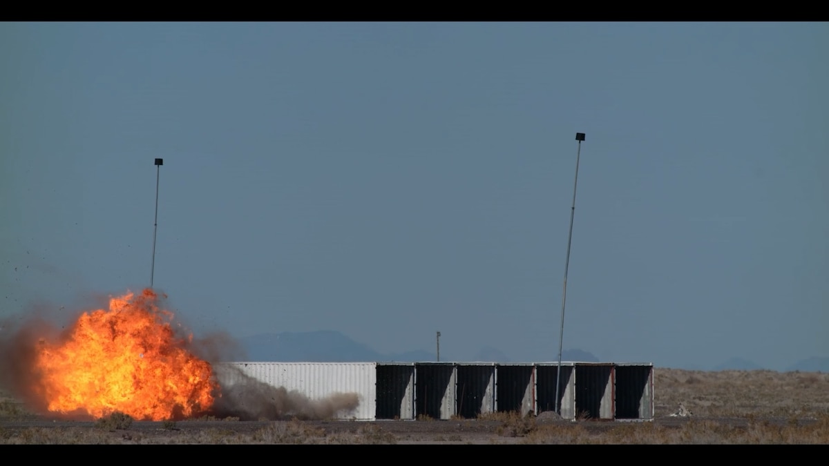 Imagery released by AFSOC showing a Havoc Spear warhead impact on a container target array