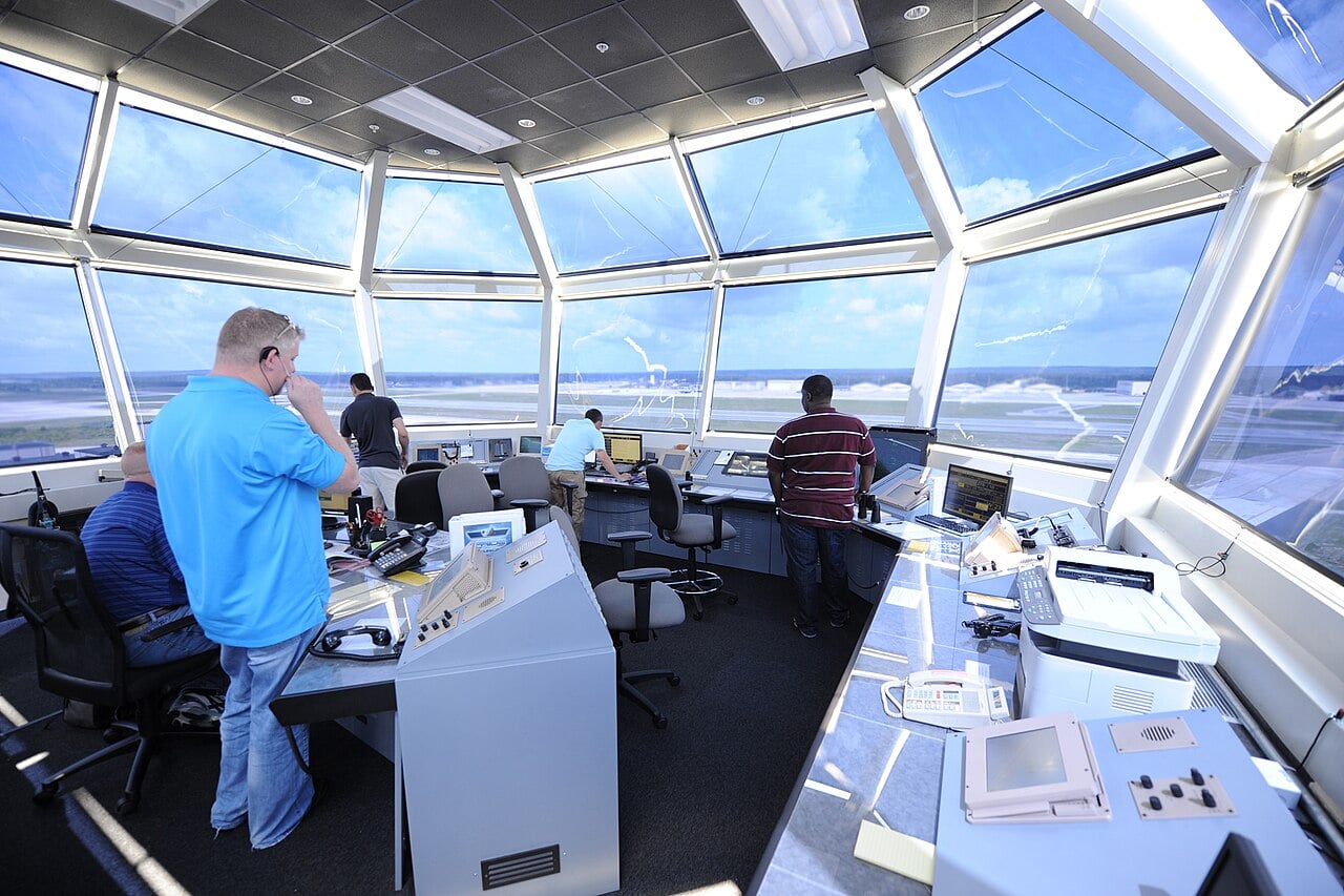 An air traffic control tower seen from outside