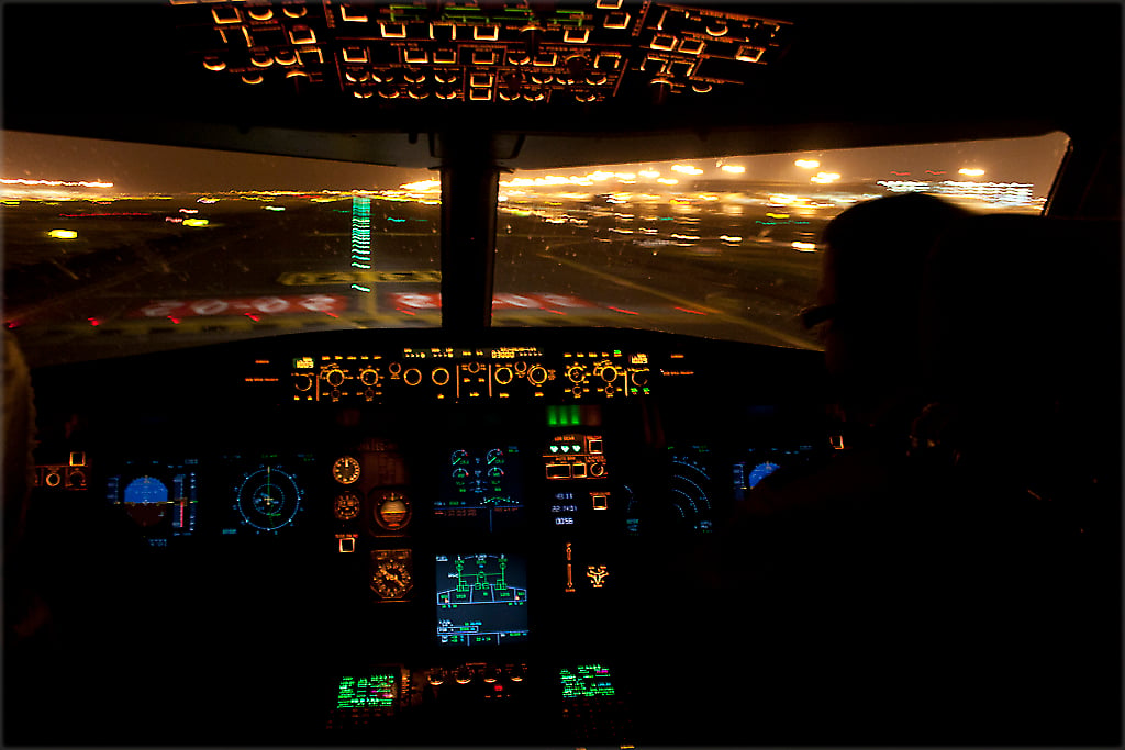 Flight deck of an Airbus A320 after landing at night Flight deck of an Airbus A320 after landing at night