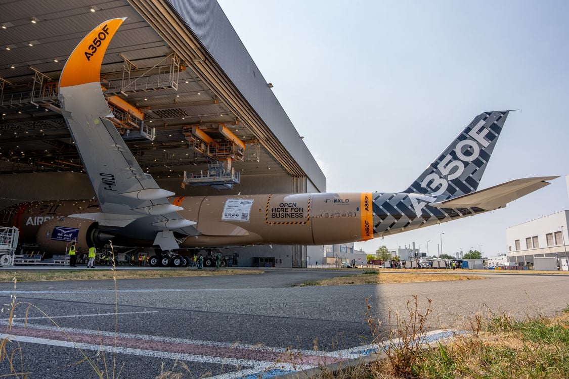 Airbus A350F MSN700 F-WXLD rollout The first Airbus A350F, MSN700 F-WXLD, in its parcel-themed livery outside the Toulouse paint shop
