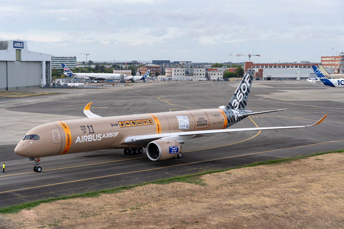 Airbus A350F MSN700 in brown test livery at Toulouse