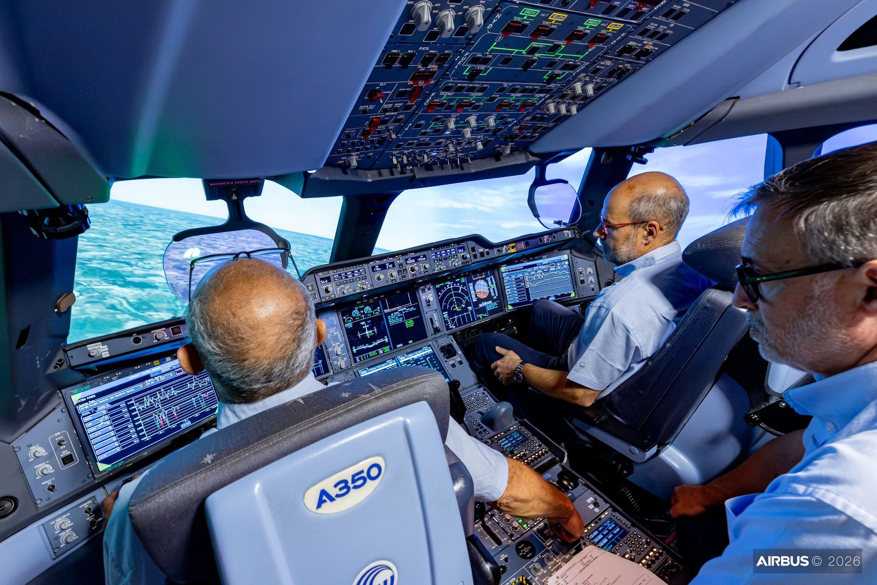 Airbus test crew rehearsing the A350F first flight in the simulator
