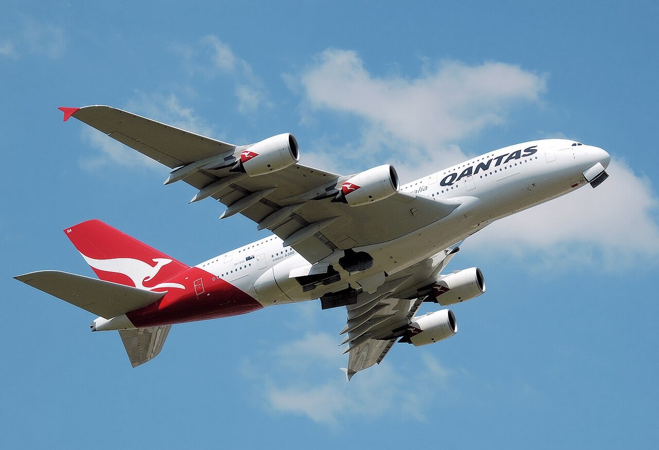 Qantas Airbus A380 VH-OQA taking off from London Heathrow