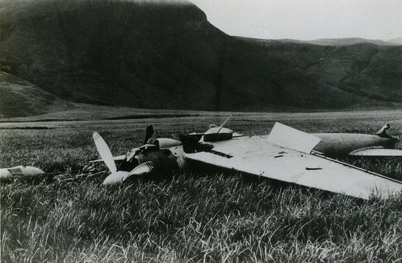 Akutan Zero upside down on Akutan Island