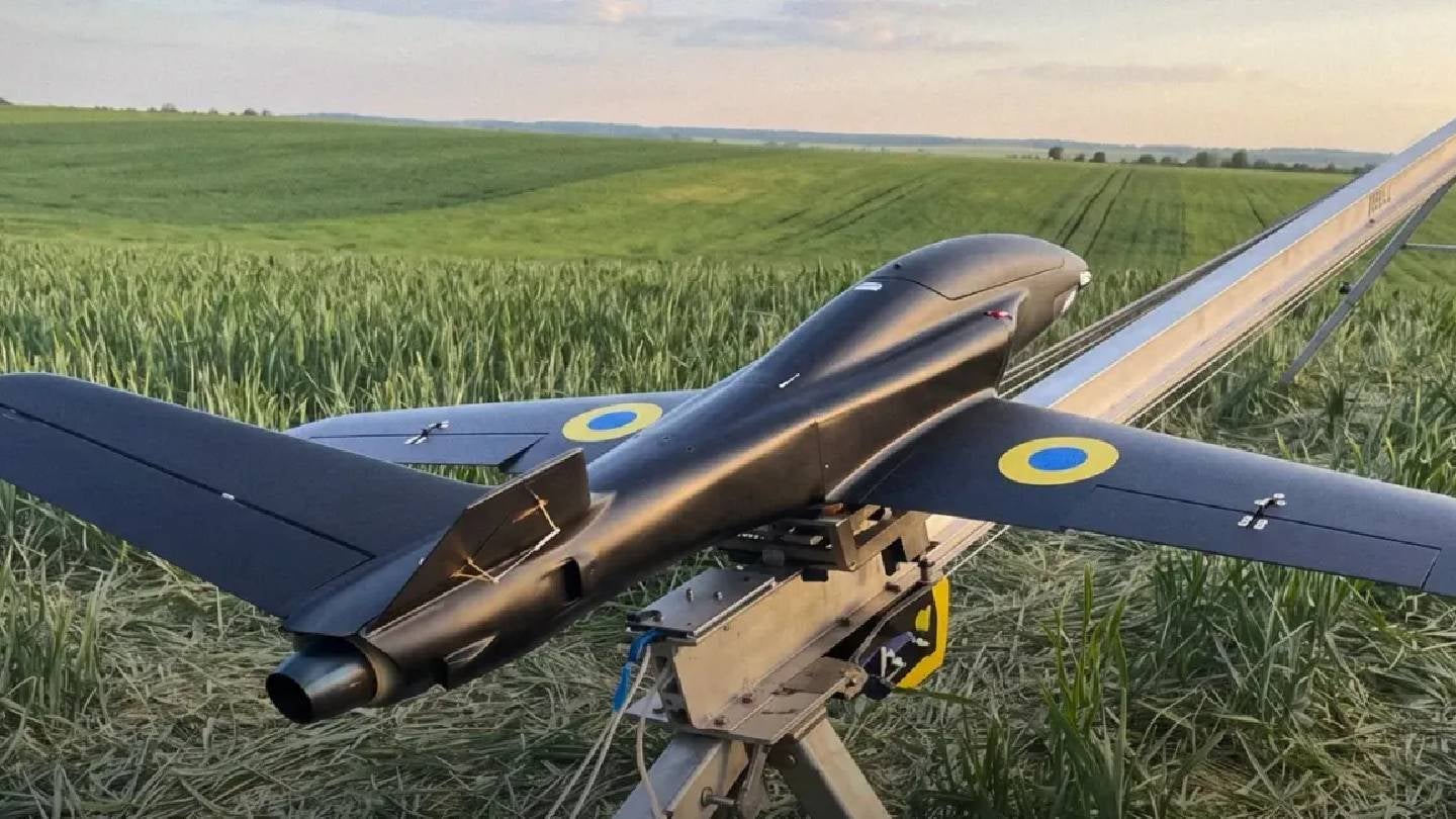 Ukraine’s Alexa Spatium jet-powered interceptor drone on its catapult launcher