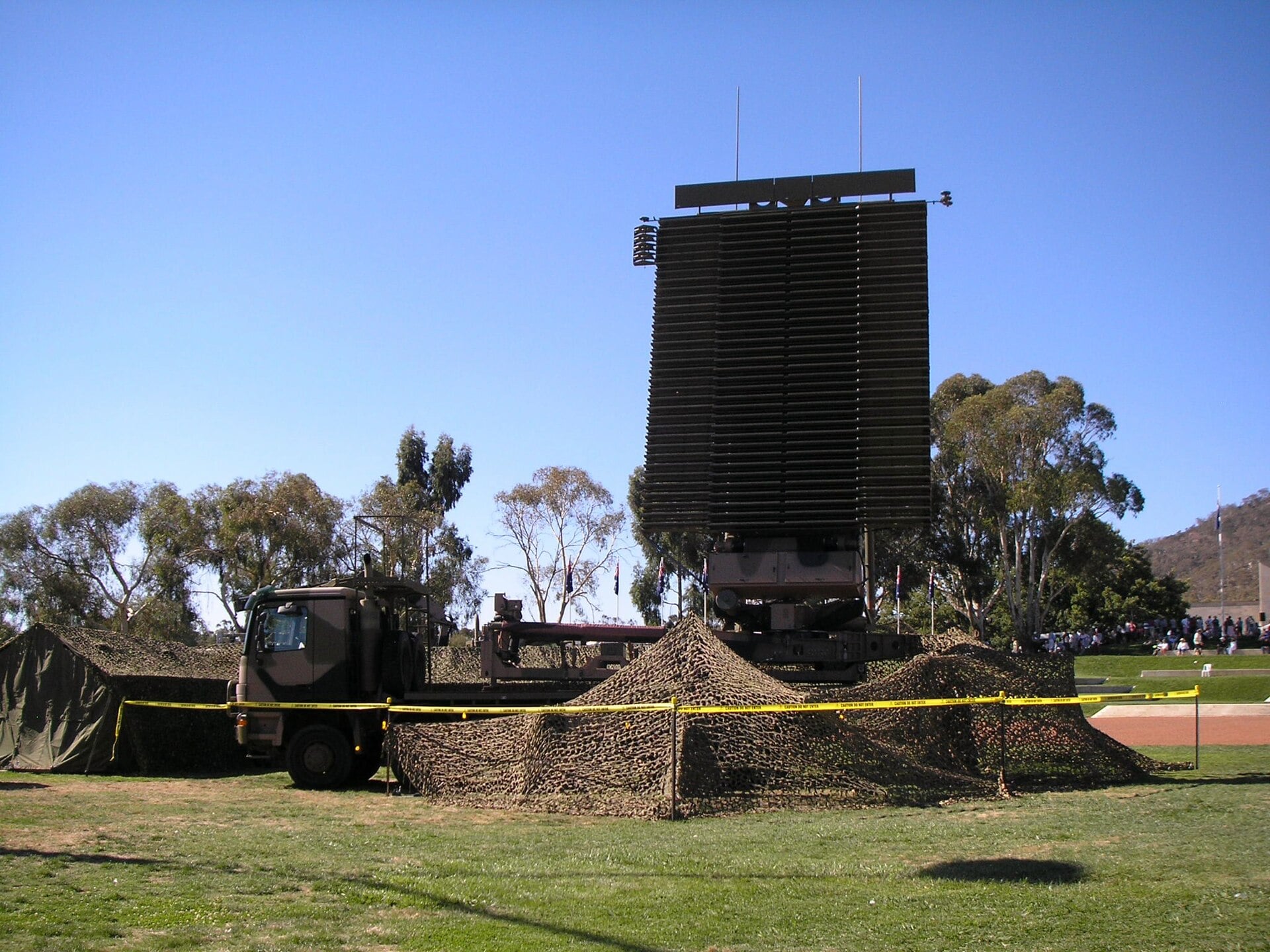 A Royal Australian Air Force AN/TPS-77 transportable air defence radar with its antenna raised
