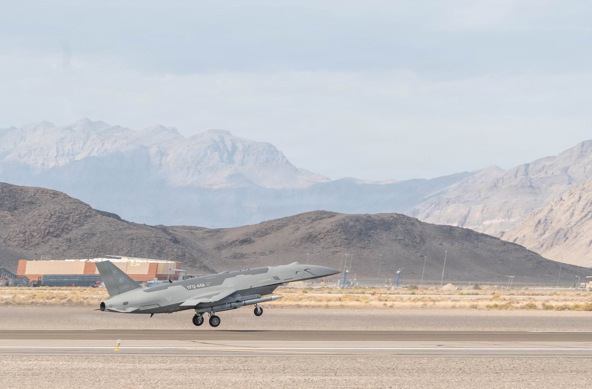 A US Air Force YFQ-44A Fury taking off for a mission at Creech Air Force Base, Nevada