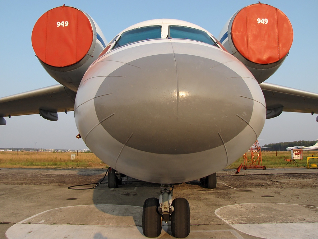 An Antonov An-72 transport showing its distinctive over-wing engine installation