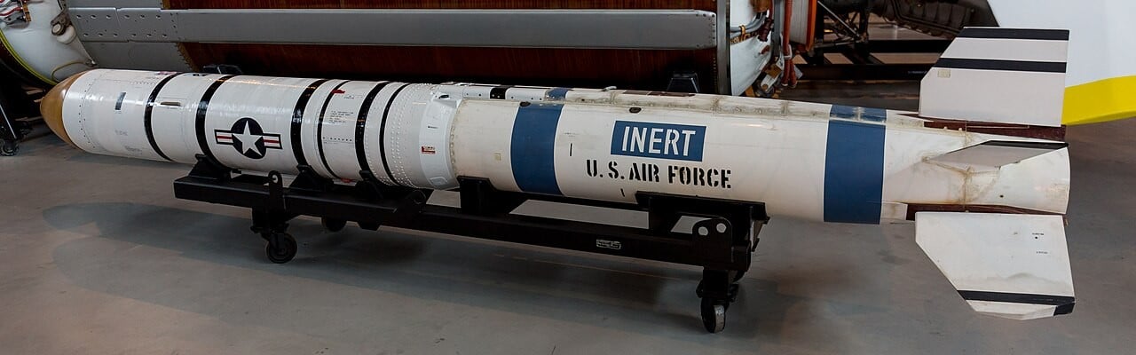 An inert ASM-135 ASAT missile on display at the Smithsonian Udvar-Hazy Center