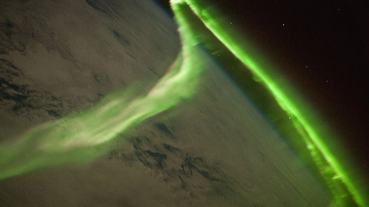 Aurora Australis seen from the International Space Station The Aurora Australis glowing green over Earth, photographed from the International Space Station