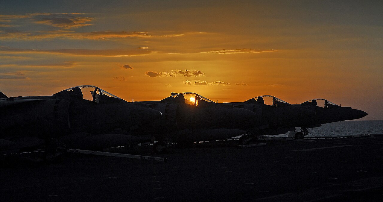 AV-8B Harrier IIs at sunrise on USS Tarawa