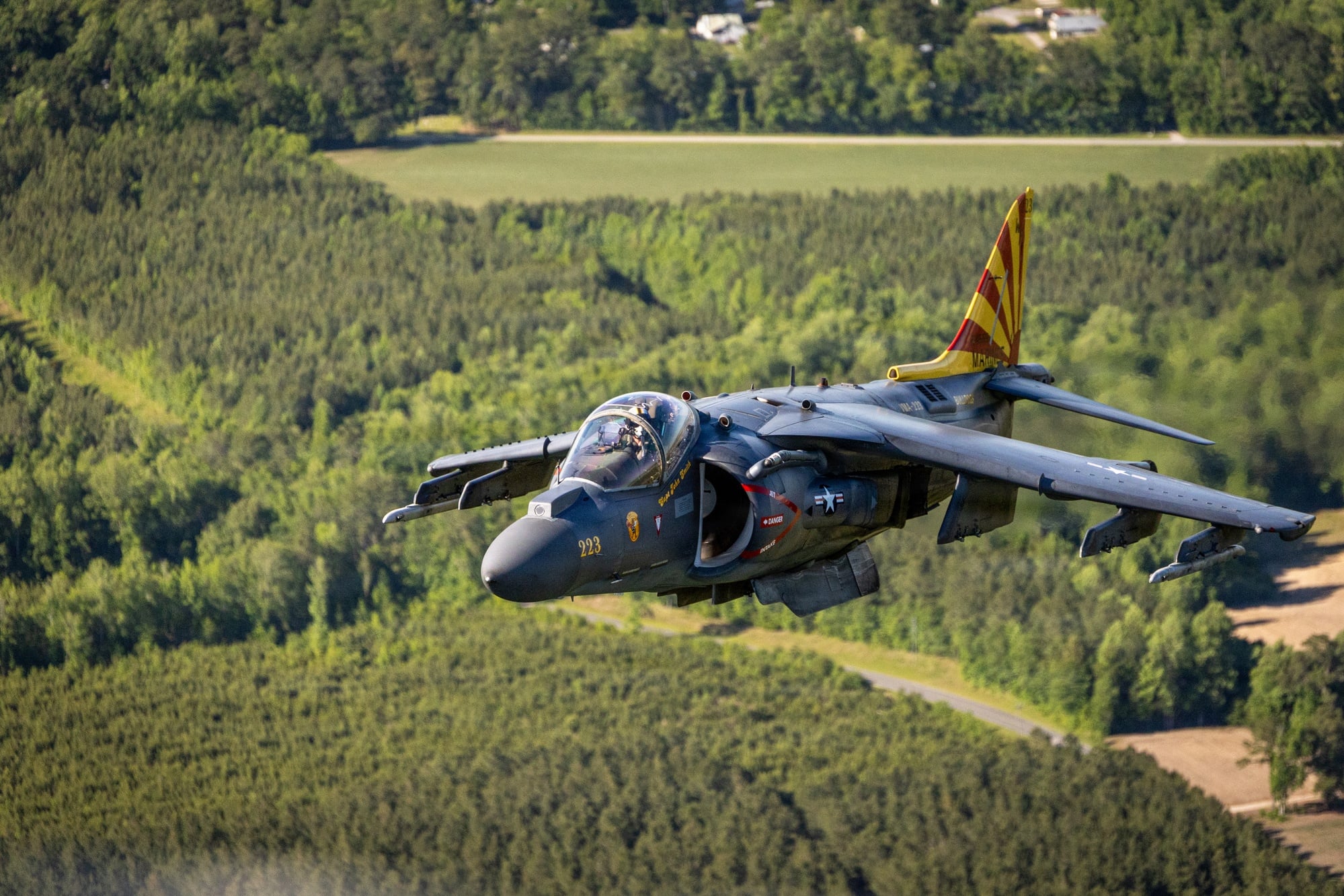 AV-8B Harrier II of VMA-223 over eastern North Carolina A US Marine Corps AV-8B Harrier II of VMA-223 in flight over eastern North Carolina