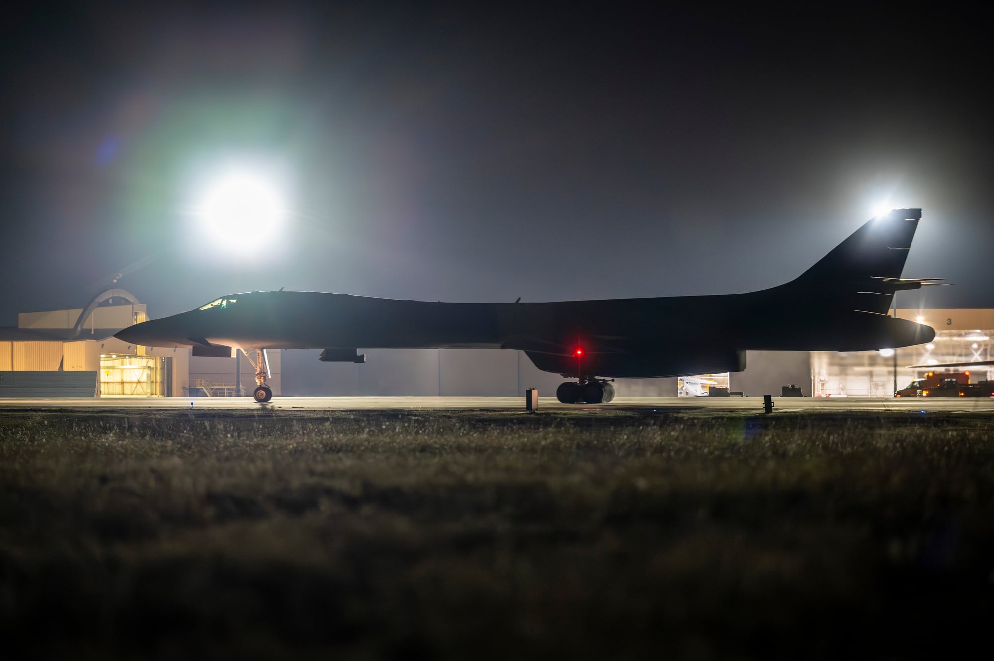 A US Air Force B-1B Lancer taxis down the runway before takeoff at Dyess Air Force Base, Texas