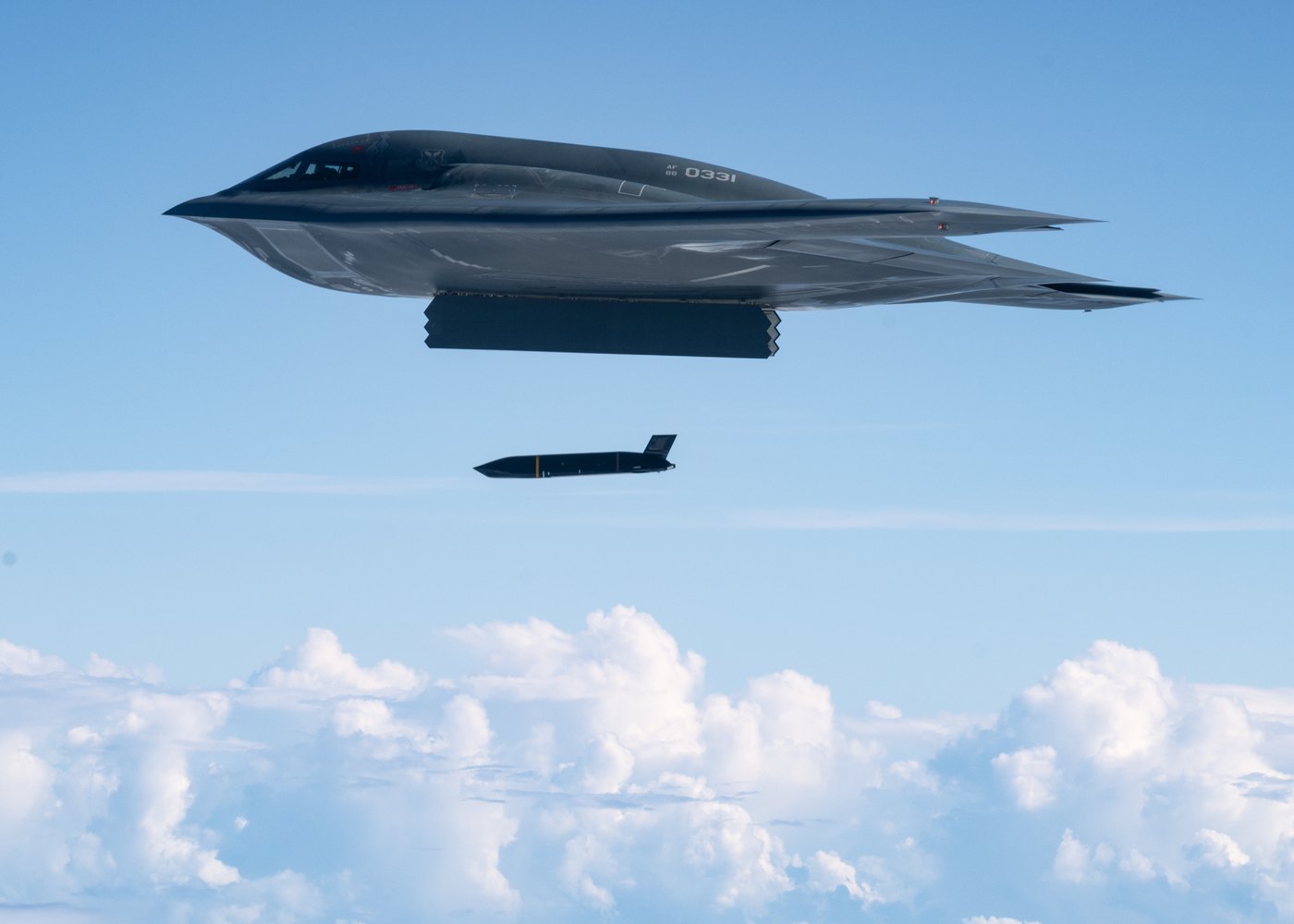 A B-2 Spirit releasing an AGM-158C Long Range Anti-Ship Missile