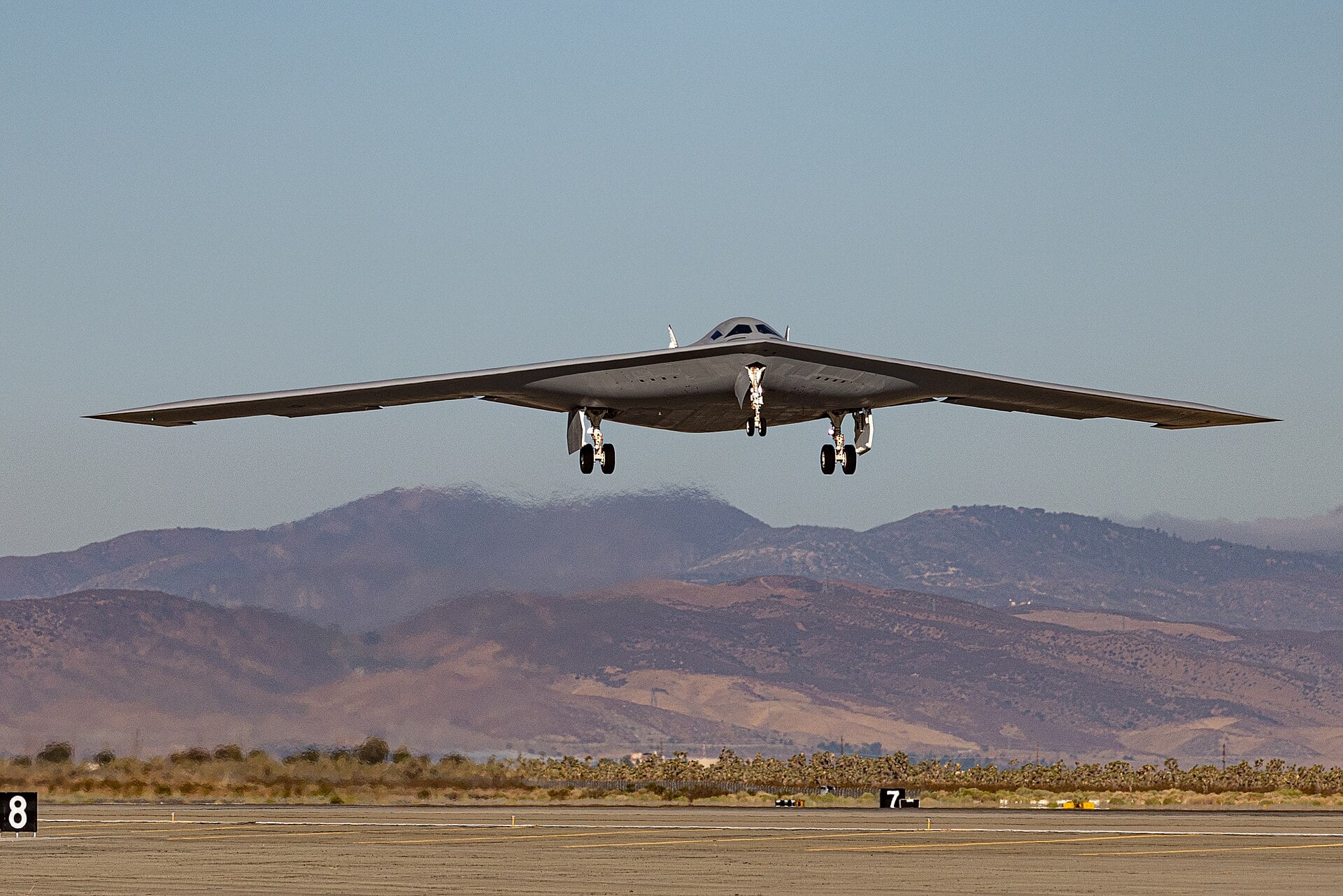 A Northrop Grumman B-21 Raider test aircraft takes off during the flight test programme