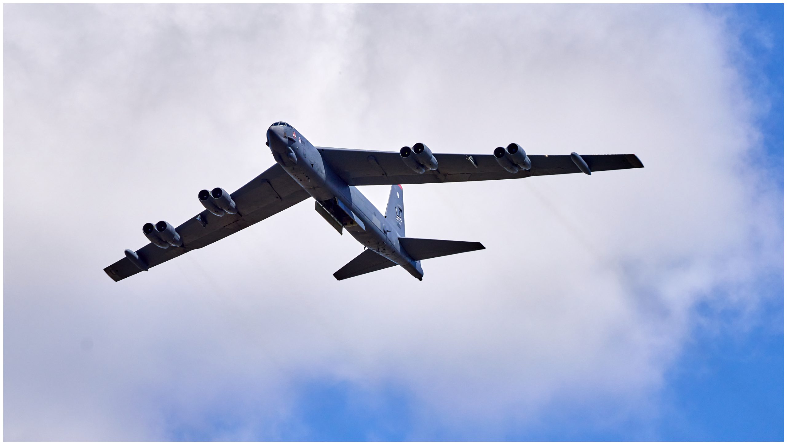 Boeing B-52 Stratofortress in flight A Boeing B-52 Stratofortress makes a flypass