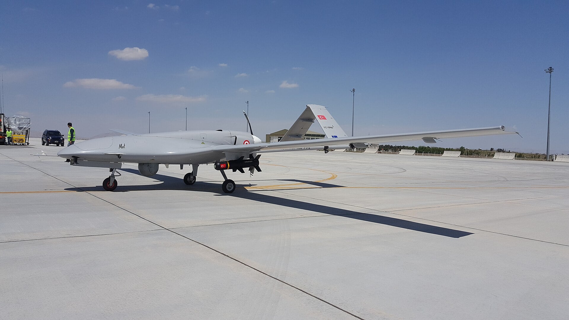 A Bayraktar TB2 unmanned aircraft on the ground in Turkish markings