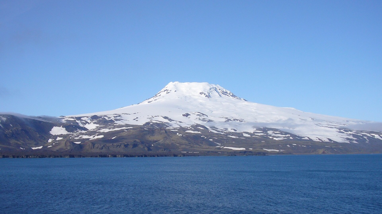 Beerenberg, the glacier-covered volcano at the north end of Jan Mayen, seen from the sea