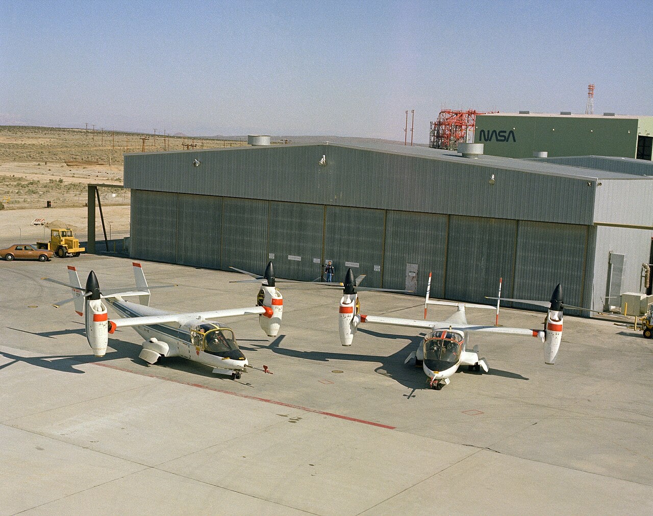 Both Bell XV-15 prototypes parked on the NASA Dryden ramp