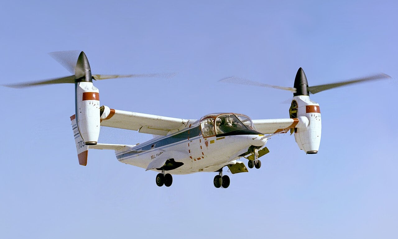 The Bell XV-15 tiltrotor in flight with its nacelles vertical