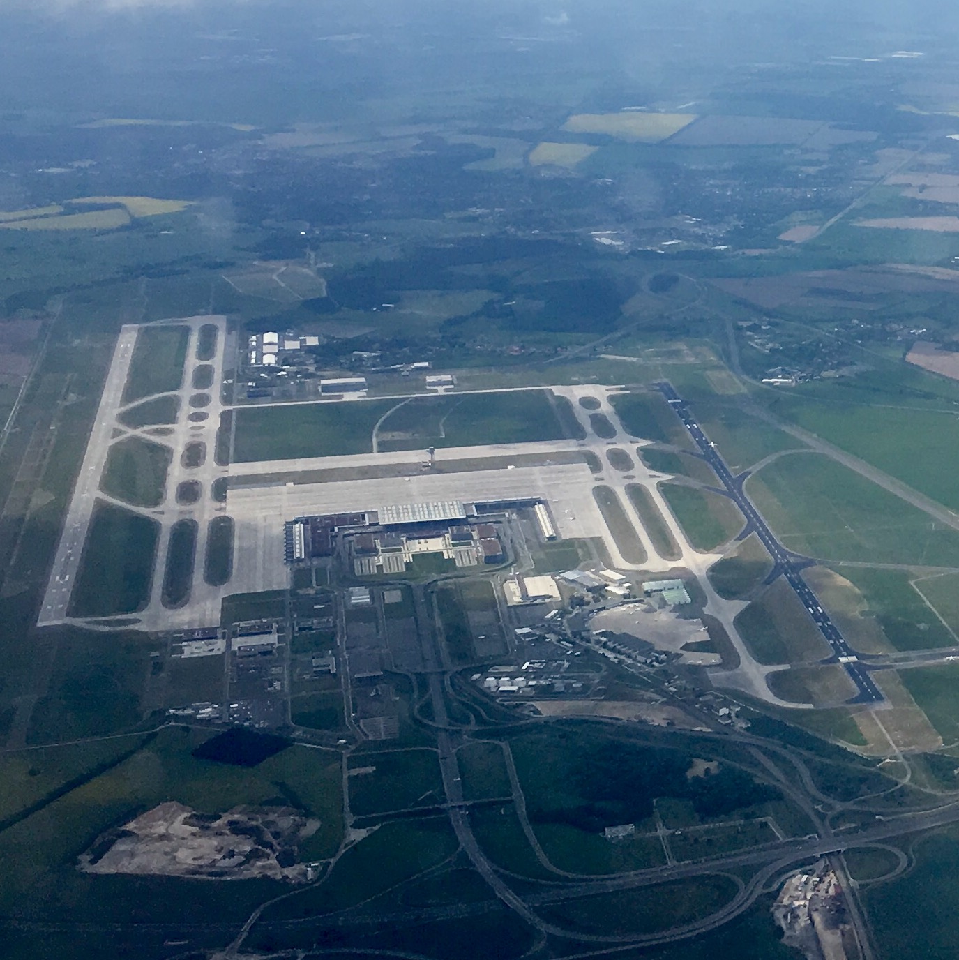 Aerial view of Berlin Brandenburg Airport and its two parallel runways