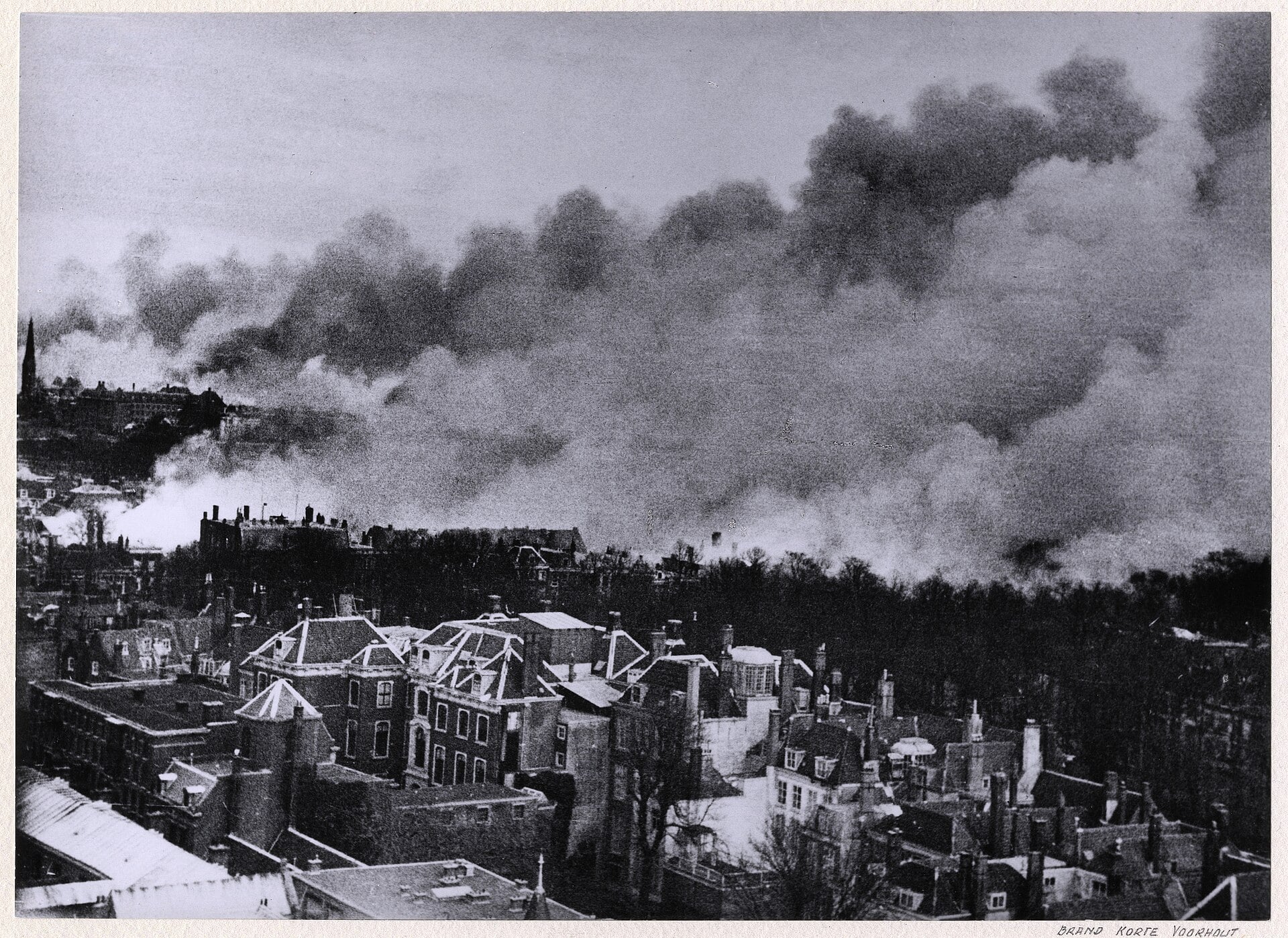 Smoke rising over the Bezuidenhout district of The Hague during the Allied bombing of 3 March 1945